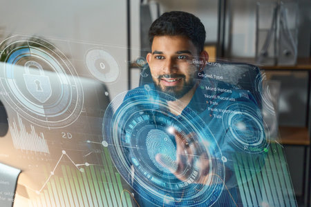 Man Interacting With Advanced Digital Interface Showcasing Cybersecurity and Biometric Technology