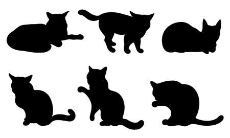 Collection of vector black cats icons. Silhouettes of pets in different poses. The beast sits, walks, lies, washes, plays. Isolated on white background. Hand-drawn shadows. Domestic cats. Monochrome.のイラスト素材