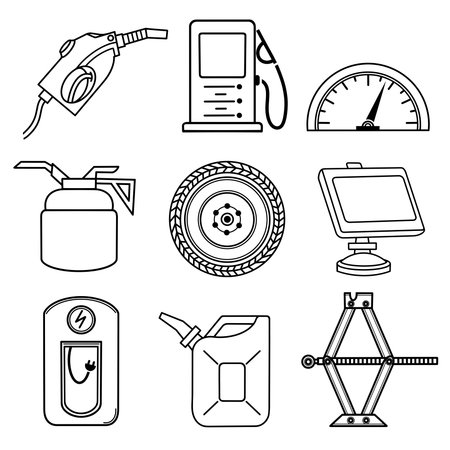 Refueling vector icons set. Refueling gun, gas station, refueling the car with electricity, speedometer, canister, tire, oil can. Isolated illustration on a white background. Hand drawn black silhouette. Monochrome.のイラスト素材
