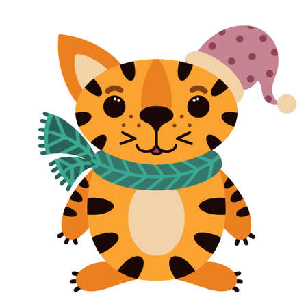 Cute cartoon striped tiger. The animal is standing and smiling. Predator in a New Year's cap and scarf. Hand drawn vector icon. Isolated illustration on white. Flat style. Children's print. Symbol of 2022.のイラスト素材