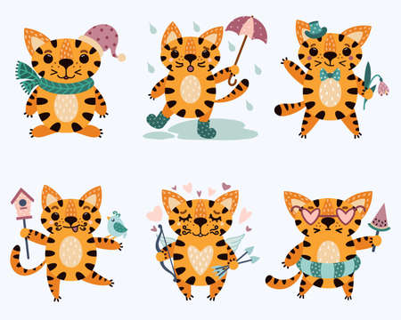 Set of cute cartoon striped tigers. Baby animals in different poses with funny and sad emotions. Cats in different places. Vector icons isolated on white background. Flat style. Prints for kids designのイラスト素材