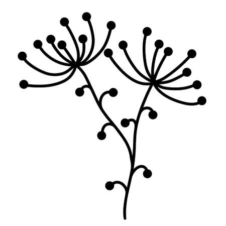 Vector icon sprig with leaves and berries. Hand-drawn doodle. Botanical element isolated on white background. Branch outline. Silhouette of a wild plant. Sketch of herbs. Monochrome.のイラスト素材