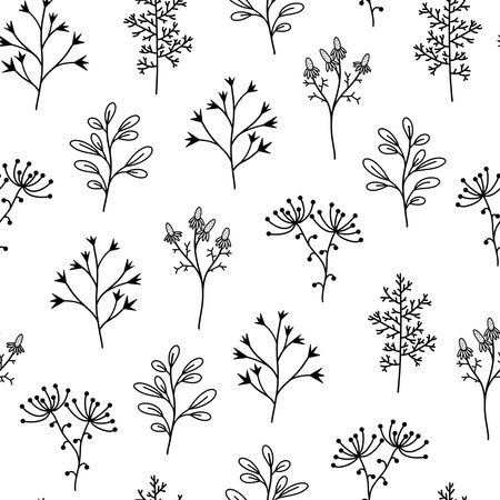 Seamless vector pattern with botanical elements. Flowers, wild herbs, medicinal plants. Hand drawn doodle, branch outline. Monochrome. A sketch of a twig with leaves and berries.のイラスト素材