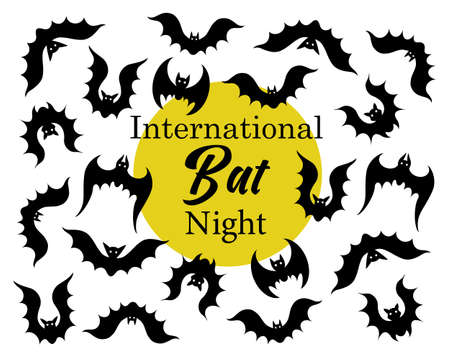 International Bat Night. A flock of bats in various poses. Flying vampires against the background of a yellow moon. Black silhouette of night bloodsuckers. Illustration in support of bats.のイラスト素材