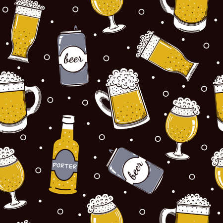 Beer packaging seamless vector pattern. Foamy drink in a bottle, can, glass, mug. Alcohol sketch. Cold ale on a black background. Flat style. Illustration for decoration and design of a pub or barのイラスト素材