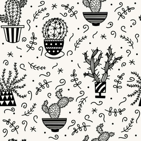Cute cartoon cacti seamless vector pattern. Hand-drawn black doodle. Outline succulents. Thorny plants in pots. Botanical sketch. Beautiful vintage flowers with thorns. Monochrome.のイラスト素材