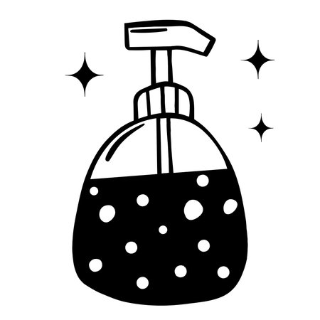 Dispensary for liquid soap vector icon. Isolated illustration of a hygiene product on a white background. Hand-drawn black doodle. Lation in a plastic pump bottle. Cosmetic stroke. Monochrome.のイラスト素材