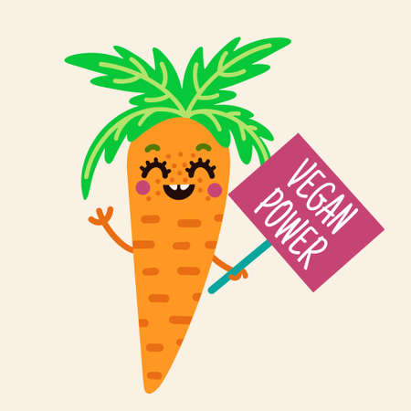 Cute cartoon carrot vector icon. Smiling orange vegetable with banner. Carrots with tops promotes proper vegetarian nutrition. Colored sketch of plant food. Funny character in a flat style.のイラスト素材