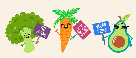 Cute cartoon vegetables vector icons set. Carrots, avocado and broccoli with banners. The fruits promote proper plant nutrition. Illustration for World Vegetarian Day. Funny characters in a flat style.のイラスト素材