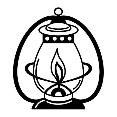 Hand drawn kerosene lamp. Vector icon in doodle style. Black antique lighting fixture with metal handle. A sketch of a camping lighting device. A fire burns inside an oil lamp. Monochrome illustration.のイラスト素材