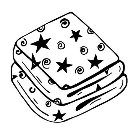 Hand-drawn diaper stack. Baby absorbent wipes vector icon. A sketch of a set of cotton pieces of fabric. A stack of napkins with a star and spiral pattern. Monochrome illustration of children's hygiene products.のイラスト素材