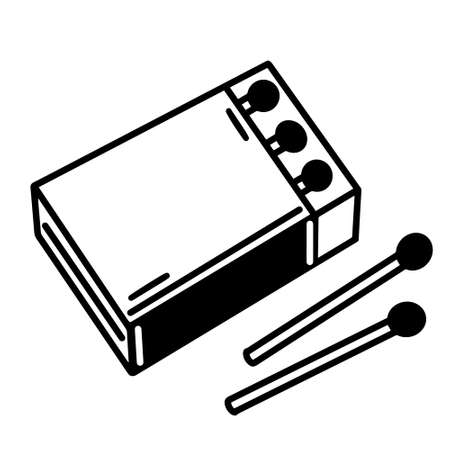 Hand-drawn box of matches. The open carton contains inside a thin wooden matches with sulfur. A sketch of a camping object for lighting a fire. Simple monochrome doodle.のイラスト素材
