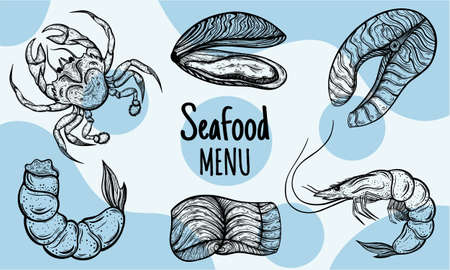 Seafood vector set. Hand-drawn doodles. Sketches of crab, salmon pieces, shrimps, oysters. Marine animals engraving. Monochrome concept for decoration, design of restaurants, cafes, markets.のイラスト素材
