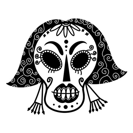 White sugar skull vector icon. Hand-drawn illustration. Festive girl mask. Sketch for El DÃ­a de Muertos. Monochrome concept for decoration, design of events, holidays, printing on flyers, souvenirs.のイラスト素材