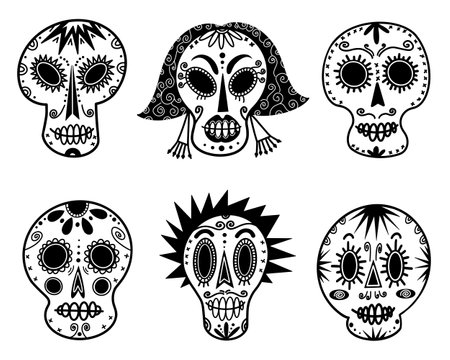 White sugar skulls vector icon set. Hand-drawn doodles. A sketch of festive masks for El DÃ­a de Muertos. Monochrome concept for decoration, holiday design, carnival, festival, print flyers, cardsのイラスト素材