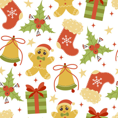 Christmas symbols seamless vector pattern. Hand-drawn colored doodles. Festive elements -...