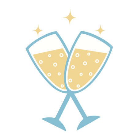 Two glasses with a drink vector icon. Hand-drawn color doodle. Transparent goblet with carbonated liquid, cocktail, champagne. Romantic concept for decoration, print design, cards, web.のイラスト素材