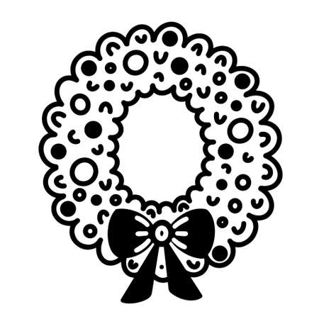 Abstract Christmas wreath vector icon. Hand drawn doodle. Sketch decoration from fir branches. Pine twigs, holly, bow. Monochrome concept for the design of textiles, printing, postcards, invitationsのイラスト素材