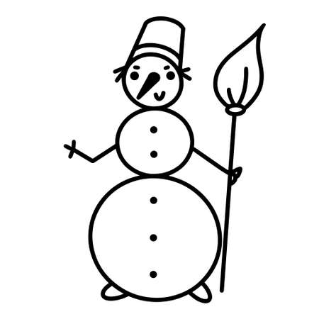 Smiling snowman vector icon. Hand drawn doodle. Cheerful affable character in a hat with a broom, buttons. Cute cartoon stroke. Seasonal element for decoration, design of cards, textiles, print.のイラスト素材