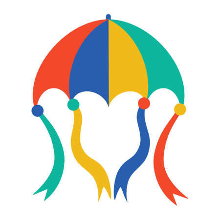 Bright kite vector icon. Hand-drawn color doodle. Paper toy in the shape of an umbrella with ribbons, beads. Flat cartoon style. Concept for decoration, design, preparation for the Makar Sankranti festivalのイラスト素材