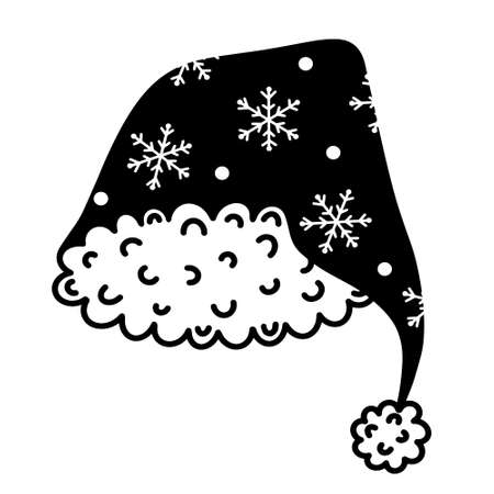 Christmas cap vector icon. Hand drawn doodle. Cute Santa hat decorated with snowflakes, fur, pompom. Black and white concept for decoration, design of cards, invitations, textiles, prints, labels, web.のイラスト素材