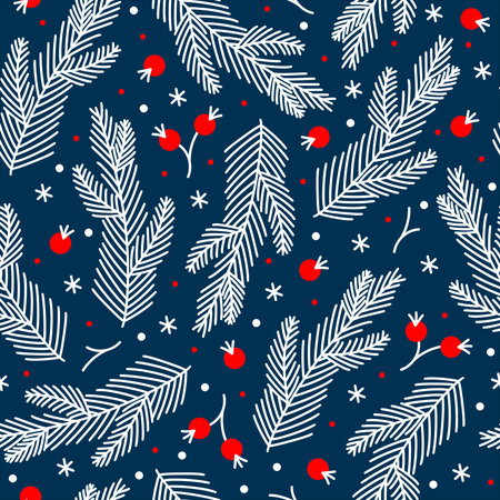 Christmas seamless vector pattern. Hand-drawn illustration on a blue background. Spruce branches,...