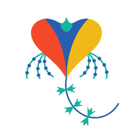 Kite isolated on white background. Hand-drawn color sketch. Heart-shaped paper toy decorated with balls, bows. Bright festive concept for children playing. Flat cartoon style.のイラスト素材