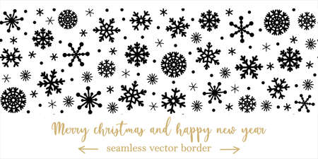 Snowflakes seamless vector border. Hand-drawn horizontal template. Snowfall sketch isolated on white background. Black and white Christmas concept for decoration, card design, textiles, web.のイラスト素材