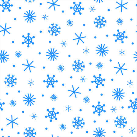 Snowfall seamless vector pattern. Hand-drawn Christmas backdrop. Blue snowflakes on a white background. Ice crystals, doodles. Festive cozy template for decoration, printing design, textiles, cards, web.のイラスト素材