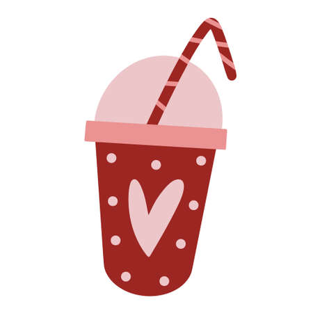 Milkshake, coffee, smoothie, ice cream vector icon. Hand-drawn illustration in flat style. Cute glass, plastic cup with a heart, lid, straw, polka dots. Festive romantic drink. Doodle, cartoon childish concept.のイラスト素材