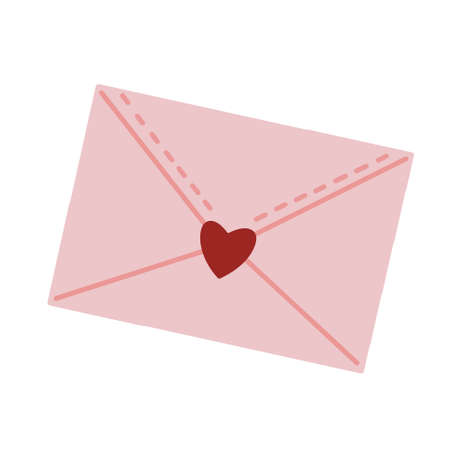 Letter vector icon. Hand drawn closed pink envelope with heart stamp. Romantic message for valentine's day. Flat style, isolated element. Cute package, festive template for decoration, design.のイラスト素材