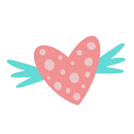 Flying heart with wings vector icon. Hand-drawn illustration isolated on white. Pink festive element with polka dots, symbol of love. Valentine's day romantic clipart. Flat cartoon style, colored doodle.のイラスト素材