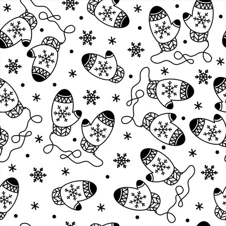 Knitted mittens seamless vector pattern. Hand drawn black and white concept. Cute gloves with ornament, graceful snowflakes on a white background. Christmas template, flat style. Simple seasonal doodle.のイラスト素材