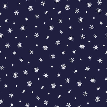 Snowfall seamless vector pattern. Hand-drawn graceful snowflakes on a blue background. White ice crystals, blizzard. Christmas concept for decoration, design of cards, invitations, prints, textiles, web.のイラスト素材