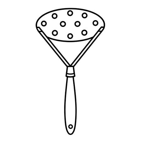 Potato crusher vector icon. Hand-drawn illustration isolated on white backdrop. Kitchen utensils for pressing vegetables, beans, berries. Cutlery with holes. Monochrome sketch, simple outline. Flat style.のイラスト素材