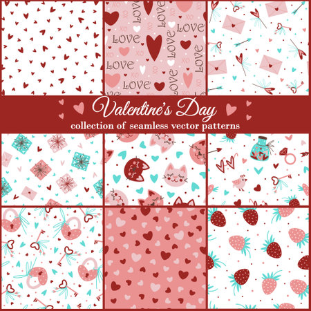 Valentine's Day collection of hand drawn seamless vector patterns. Love symbols - heart, romantic message, gift. Set of seasonal backdrops for decoration, card design, printing, web. Flat cartoon style.のイラスト素材
