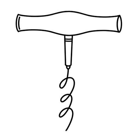 Corkscrew vector icon. Hand-drawn illustration isolated on white backdrop. Opener for alcoholic beverages. Metal spiral and wooden handle. Kitchen tool sketch, monochrome doodle. Simple concept.のイラスト素材