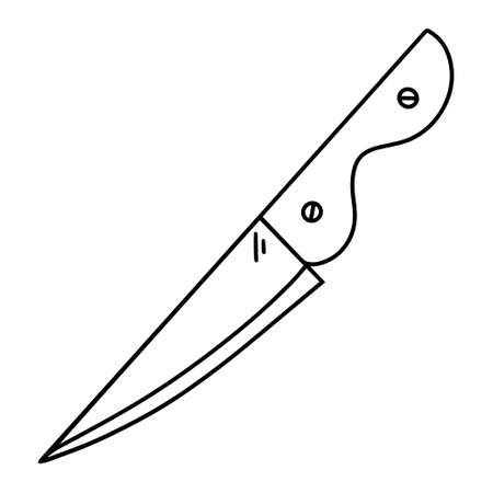 Kitchen knife vector icon. Hand-drawn doodle isolated on white backdrop. Sharp chef's tool with steel blade, wooden handle. Simple cooking sketch, black outline of the utility carving knife.のイラスト素材