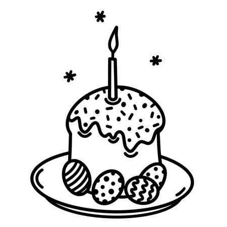 Traditional Easter cake, painted eggs on a plate. Hand drawn vector icon isolated on white backdrop. Spring dessert with icing, sprinkles, burning candle. Simple monochrome doodle, outlineのイラスト素材