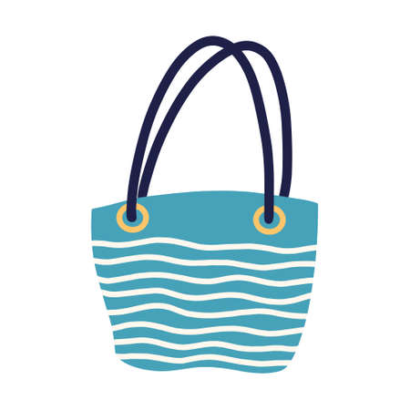 Beach bag vector icon. Summer accessory with golden buckles. Blue case with wavy stripe. Flat cartoon style, hand drawn illustration isolated on white background. Simple colored doodleのイラスト素材