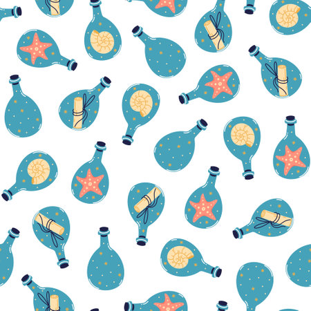 Glass bottle with message seamless vector pattern. Empty transparent container, jar with starfish, shell, rolled paper scroll. Sea adventure, flat cartoon doodle on white background, hand drawnのイラスト素材