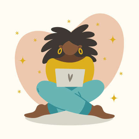 Modern black woman sitting on the floor with laptop. Cute young girl freelancer, blogger, programmer, online learning, education. Concept of remote work from home. Flat cartoon style, vector illustrationのイラスト素材