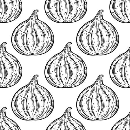 Whole fig seamless vector pattern. Vintage sketch of ripe garden fruit in peel. Monochrome outline of vegetarian plant. Sweet exotic dessert. hand drawn botanical backgroundのイラスト素材