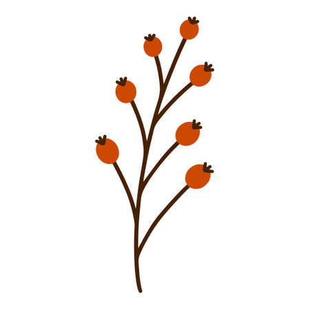 Branch with ripe red berries vector icon. Fresh garden fruit on a twig. Hand drawn botanical clipart isolated on white background. Flat cartoon style, simple illustration. Bunch of autumn wild berriesのイラスト素材