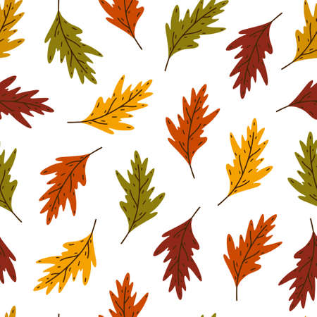 Bright oak leaves seamless vector pattern. Hand drawn veined autumn leaf on a stem. Colorful fall leaves isolated on white background. Flat cartoon backdrop, garden tree leaves. botanical illustrationのイラスト素材