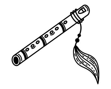 Pimak flute vector icon. Hand drawn wooden musical instrument decorated with feathers, beads, leather. Indian pipe isolated on white background. Traditional equipment for classical melodies, folkのイラスト素材