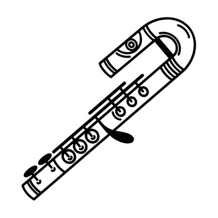 Alto flute vector icon. Hand drawn metal musical instrument. Modern orchestral flute isolated on white background. Equipment for classical melodies, concerts. Outline for web, apps, logoのイラスト素材