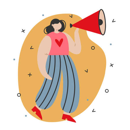 A young girl holds a megaphone and speaks. A woman at a rally, a man is protesting. No war, no discrimination, no sexism. Activist with heart sign. Flat style, vector illustration isolated on white backgroundのイラスト素材