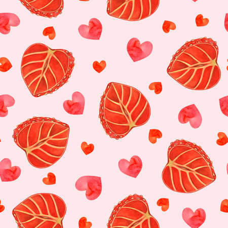 Half strawberry, cute hearts seamless watercolor pattern. Hand drawn slices of juicy sweet berry. Vintage background for decorating love cards, wrapping, textile, web. valentines day conceptの写真素材