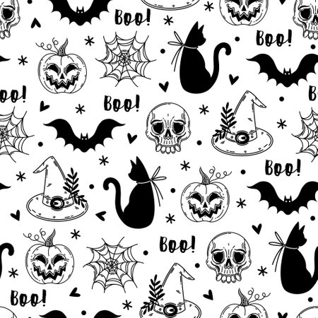Halloween seamless vector pattern. Autumn holiday symbol - pumpkin, bat, black cat, spider web, skull, witch hat. Hand drawn sketch isolated on white. Background for wallpaper, textile, wrappingのイラスト素材